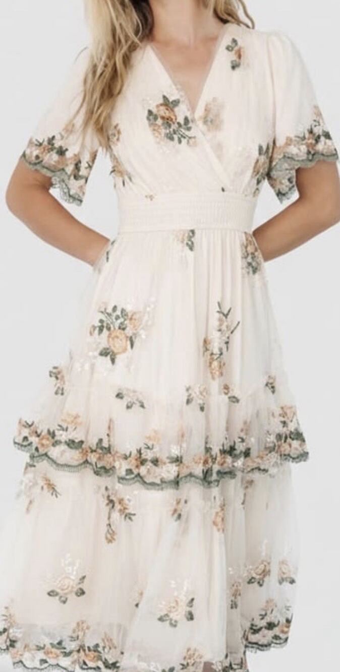 Deauville Womens S Embroidered Floral Mesh Midi Dress Ivory Cottagecore NWT
